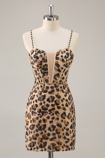 Kahki Leopard Corset Bodycon Short Homecoming Dress with Sequins